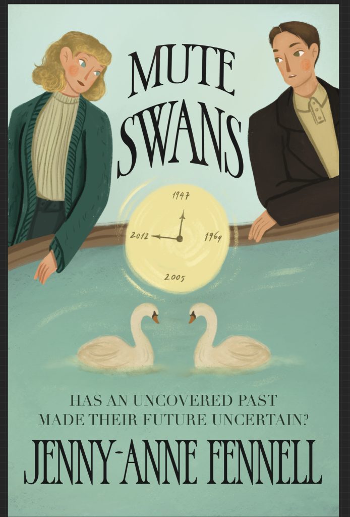 eBook cover of the novel Mute Swans by Jenny-Anne Fennell, showing two figures on a bridge with swans below and the tagline “Has an uncovered past made their future uncertain?”.