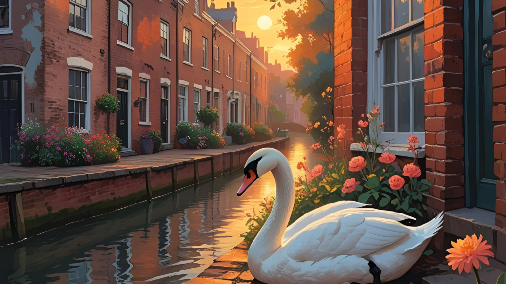 Image of a swan next to canal-side houses