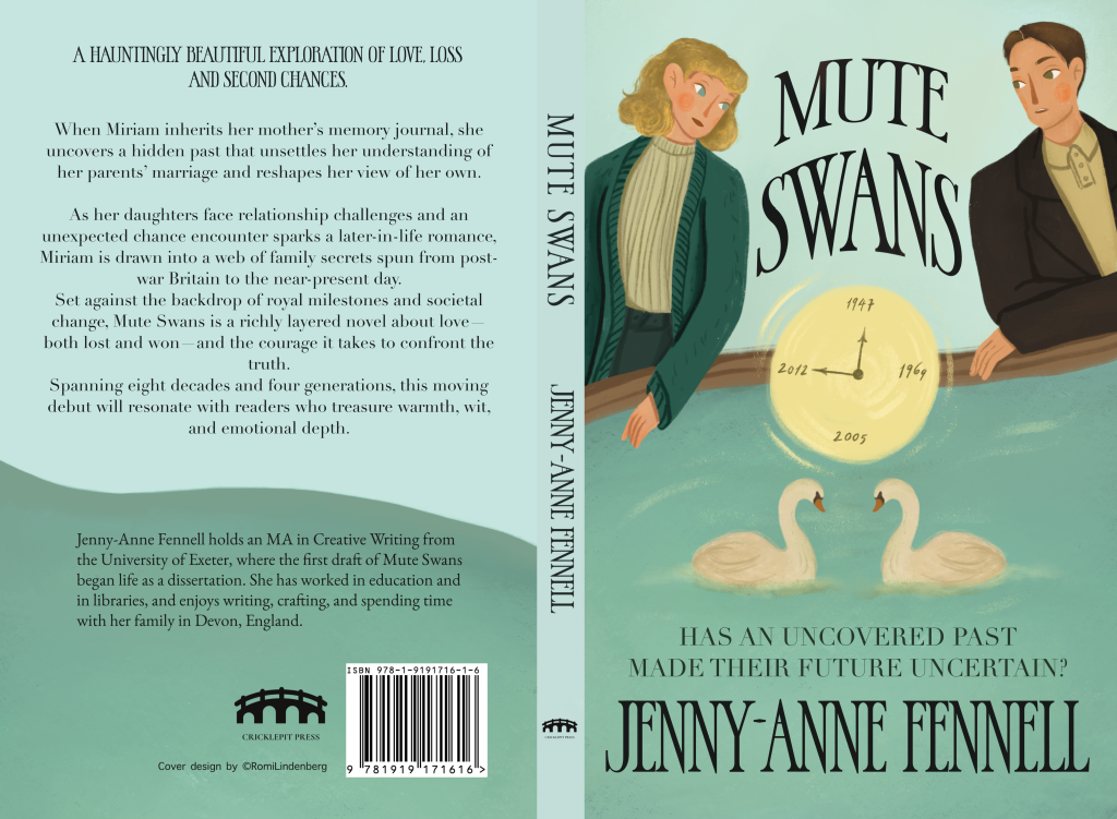 Paperback cover of the novel Mute Swans by Jenny-Anne Fennell, showing two figures on a bridge with swans below and the tagline “Has an uncovered past made their future uncertain?”.