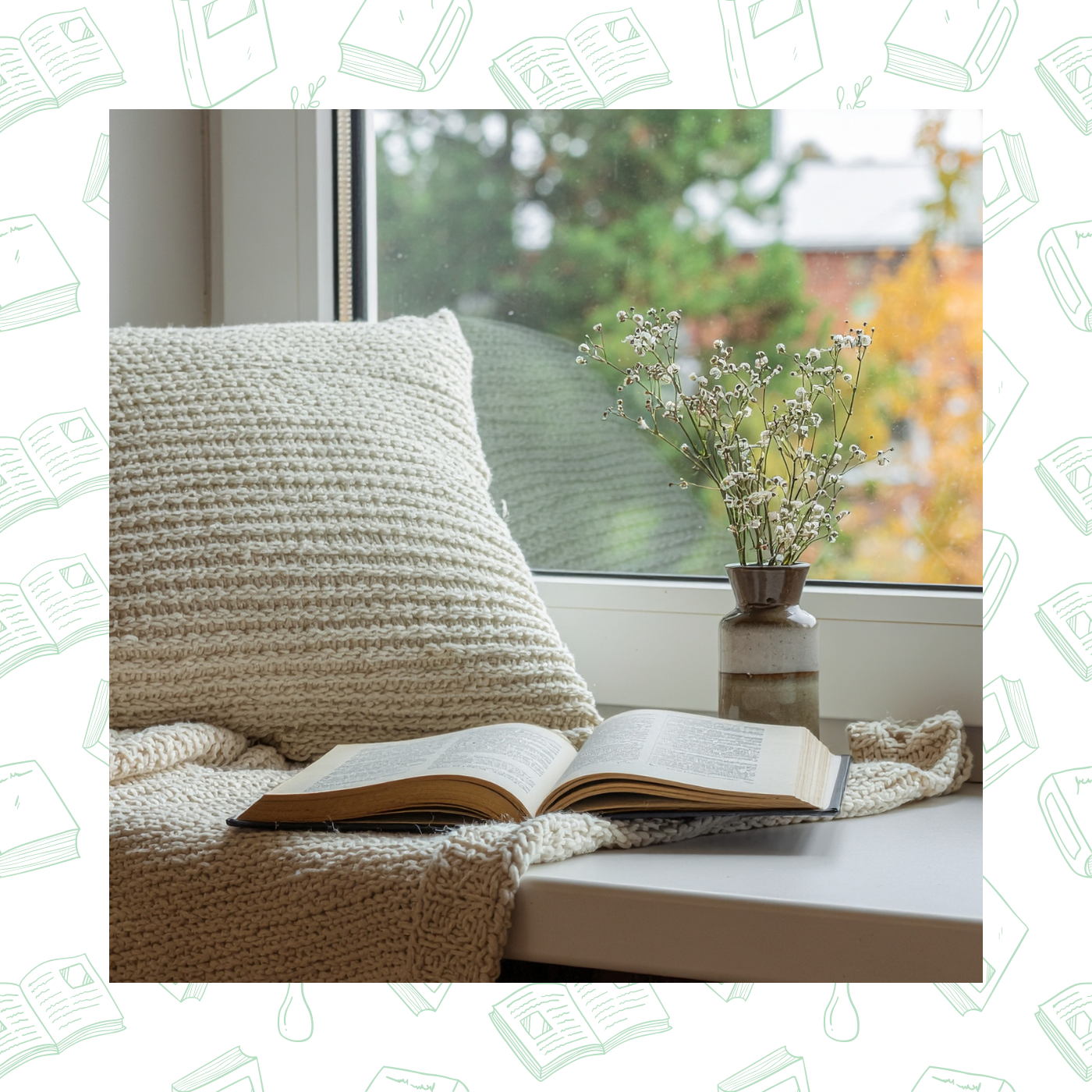 A picture of a window seat with vase, a cushion and a book for further reading page of the website of jennyannefennellauthor.com