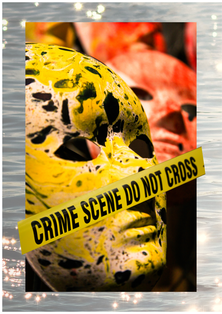 A GRAPHIC SHOWING TWO MASKS, ONE RED, ONE YELLOW, WITH A YELLOW AND BLACK, 'CRIME SCENE DO NOT CROSS' TAPE ACROSS THE MASKS