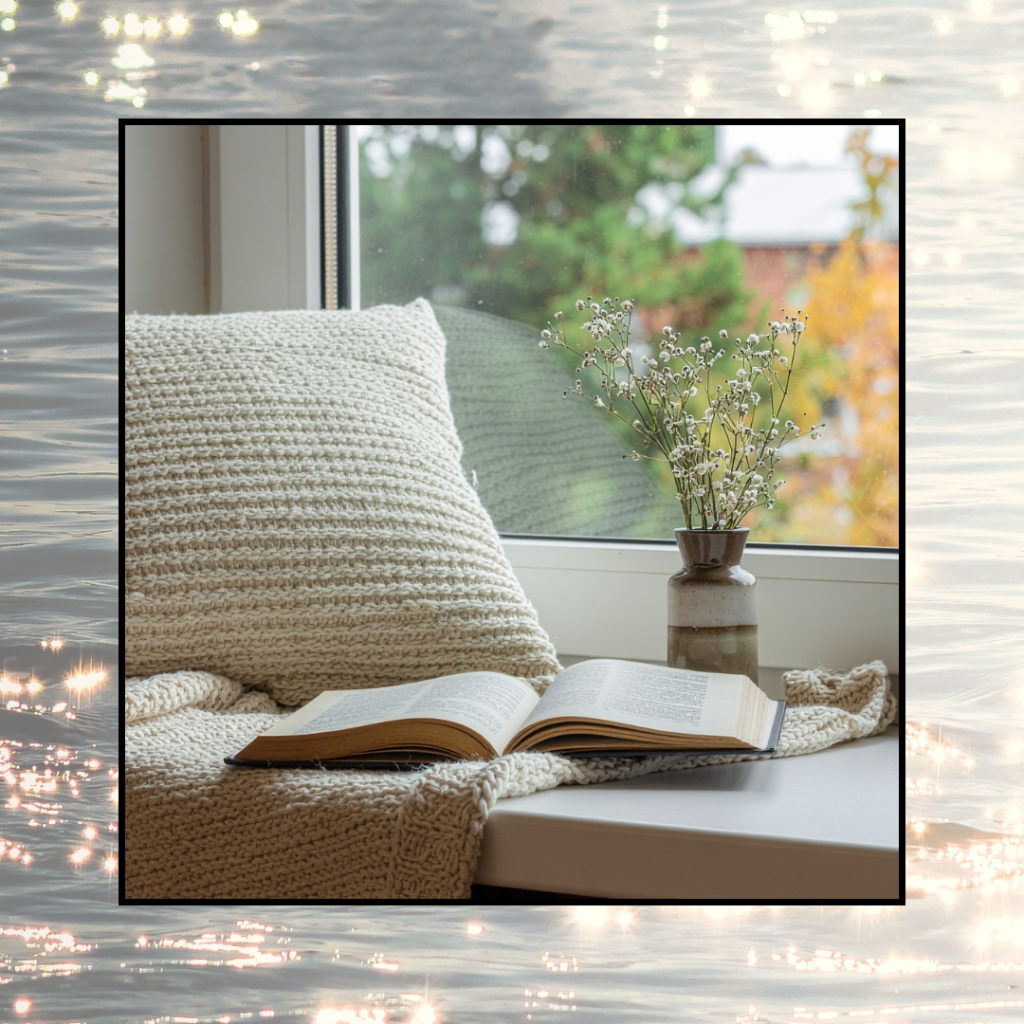 a window seat and an open book, suggesting a relaxing way to enjoy reading 'Mute Swans.'
